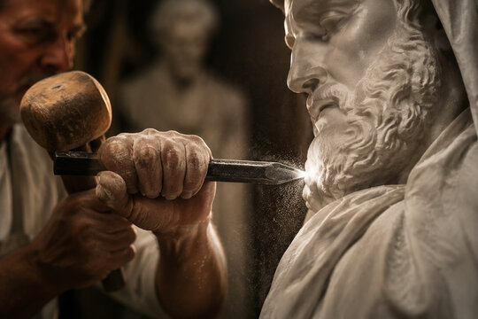 A sculptor's chisel poised for the final strike on a marble statue, dust in air.