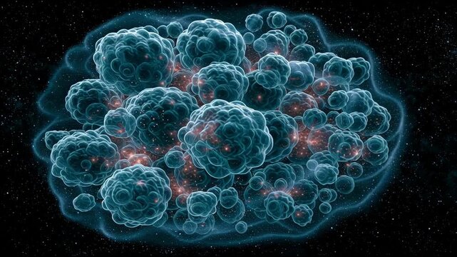 Animated cells change and connect in a digital environment. This shows the complex behavior of life at a microscopic level.