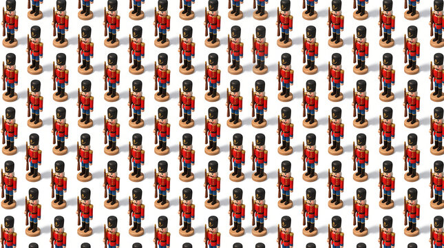 Pattern of many miniature British royal guardsmen standing in rows on a white background.