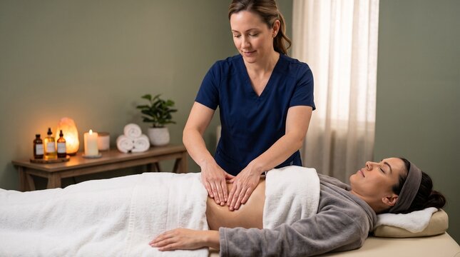 Professional therapist performing a relaxing abdominal massage on a female client in a calm spa room