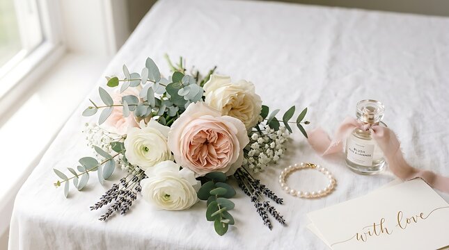 Mother's Day Soft Floral Pastel Pink Roses Linen Background Premium