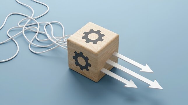 Business process simplification illustration with gear symbols transforming chaos into a structured workflow to improve efficiency, productivity, and goal achievement