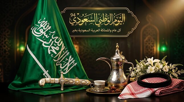 Saudi National Day Greeting Green Gold Heritage Background Flag