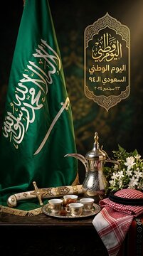 Saudi National Day Greeting Green Gold Heritage Background Flag