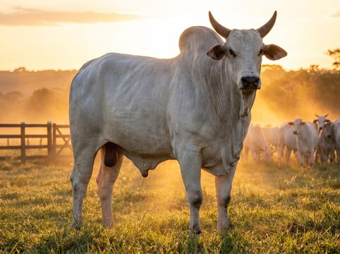 Elite white Nelore bull in a misty pasture at sunrise. High-resolution commercial photograph featuring authentic short horns and muscular build under cinematic golden hour lighting.
