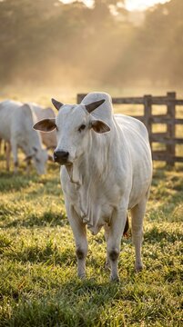 Elite white Nelore bull in a misty pasture at sunrise. High-resolution commercial photograph featuring authentic short horns and muscular build under cinematic golden hour lighting.