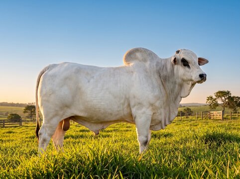 Elite white Nelore bull in a misty pasture at sunrise. High-resolution commercial photograph featuring authentic short horns and muscular build under cinematic golden hour lighting.