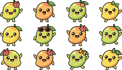 Naklejka premium Cute cartoon mango character set with various accessories and expressions