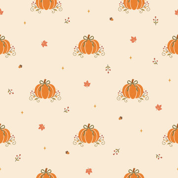 Whimsical seamless pattern featuring hand-drawn pumpkins, maple leaves, acorns, tiny botanical sprigs, and delicate star accents scattered across a warm cream background. Perfect for autumn fabric, qu