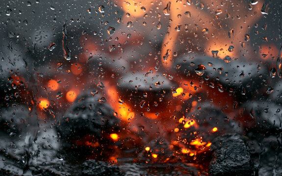 burning up the black and red embers fire flame close up. Rain raindrops, dripping rain drops on the glass, gray cloudy weather rainy