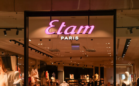 Warsaw, Poland, 20 August 2026. Etam PARIS storefront displaying lingerie and fashion through its window in a shopping center