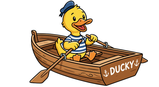 Cute Cartoon Duck Rowing Wooden Boat Nautical SVG Vector on Transparent Background