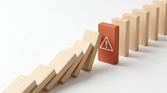 Business Risk Concept Featuring a Red Warning Domino in a Chain of Wooden Blocks, Representing Critical Decisions, Potential Failure, Disruption, Consequences, and Risk Management