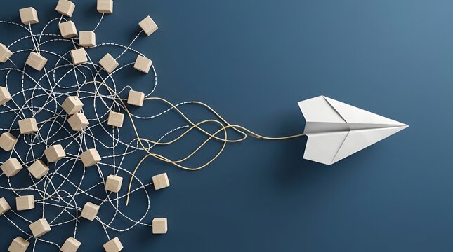 Paper Airplane Breaking Away from a Tangled Network of Strings and Blocks, Symbolizing Clarity, Problem Solving, Focus, Freedom, and Moving Toward a Clear Direction