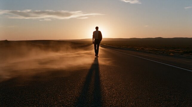 solitary traveler walking along an empty highway toward a glowing horizon
