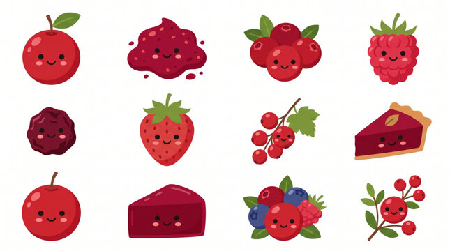 Cute cartoon red fruits set with smiling faces including strawberries raspberries jam and pie slice vector illustration