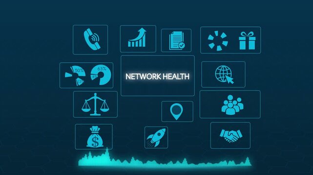 Network health digital dashboard interface with animated data and analytics metrics for it infrastructure monitoring and cyber security systems