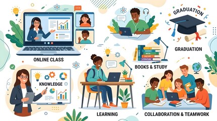 Fototapeta premium Online Education Vector Set - Digital E-Learning, Graduation, Collaboration & Distance Study Concept Elements