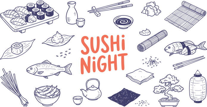 Hand Drawn Sushi Night Japanese Food Doodle Illustration Set