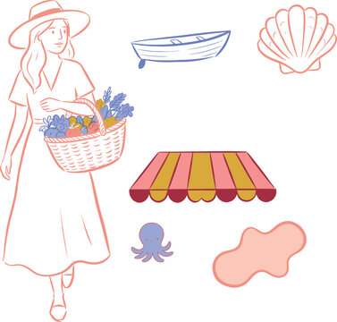 Woman Basket Summer Beach Illustration Set Boat Shell Octopus