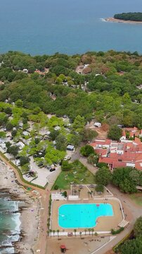 FKK Camping Ulika Near Poreč With Campervans Aerial Drone View During A Sunny Summer Day On The Beautiful Adriatic Coast In Istria Croatia