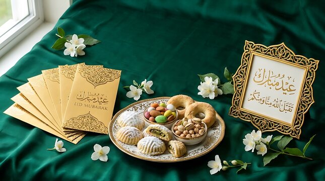 Eid Al Fitr Greeting Gold Sweets Green Background Maamoul Celebration
