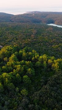 FKK Naturist Baldarin Campsite In Punta Kriza On Cres Island, Croatia, Filmed By Drone During A Beautiful Summer Evening. Aerial Views Show Campervans, Motorhomes, Coastal Nature at Sunset