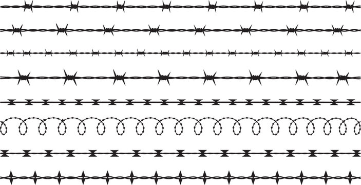 Collection of black barbed wire horizontal fence border designs