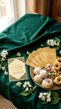 Eid Al Fitr Greeting Gold Sweets Green Background Maamoul Celebration