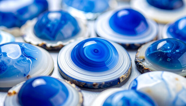 Macro close-up of polished cabochon blue agate gemstones featuring circular patterns and shiny domes. Luxury minerals, crystal jewelry, and geology texture concept banner.