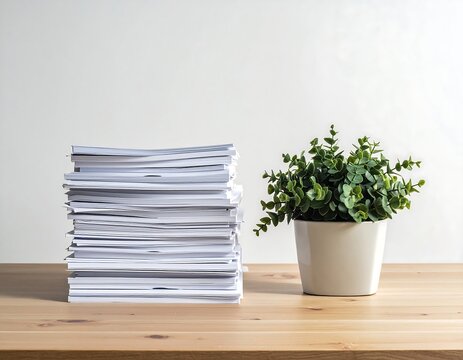 A massive towering stack of messy white office paper documents next to a potted green plant on a wooden desk. Perfect for administrative workload and corporate bureaucracy concepts.