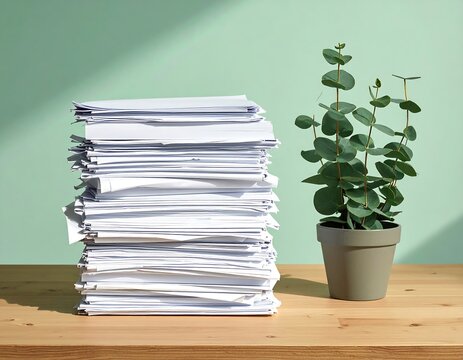 A massive towering stack of messy white office paper on a wooden desk next to a potted plant against a green wall. Ideal for corporate overload and bureaucratic burden concepts.