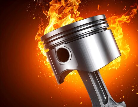 A metallic engine piston engulfed in vibrant orange flames and sparks. Ideal for automotive performance and high-power engineering concepts.