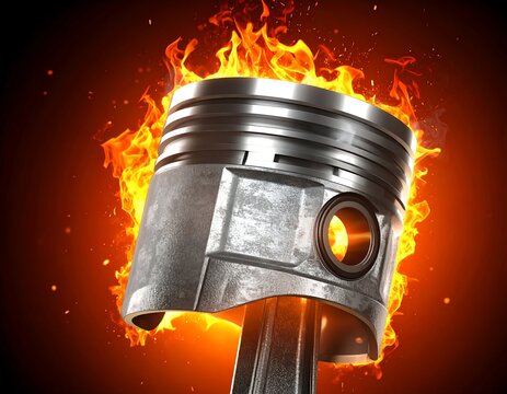 A metallic engine piston engulfed in vibrant orange flames against a dark background. Perfect for automotive engineering, high performance racing, and internal combustion concepts.