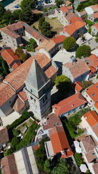 Osor City Panorama On Cres Island, Croatia,  Beautiful Summer Day. Aerial Views Show The Historic Old Town, Sunny Beaches, Sailing Yachts, Marina Harbor, Nearby Campsites Mediterranean Adriatic Coast