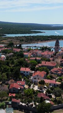 Osor City Panorama On Cres Island, Croatia,  Beautiful Summer Day. Aerial Views Show The Historic Old Town, Sunny Beaches, Sailing Yachts, Marina Harbor, Nearby Campsites Mediterranean Adriatic Coast
