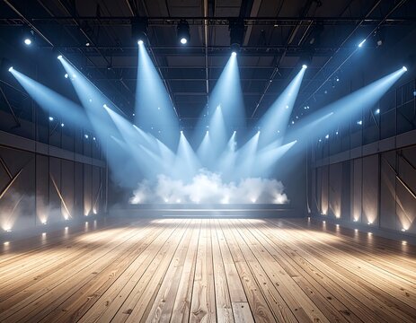 Bright stage lights and glowing spotlights illuminating an empty wooden stage with theatrical smoke. Ideal for concert, event, and performance concepts.