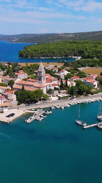 Osor City Panorama On Cres Island, Croatia,  Beautiful Summer Day. Aerial Views Show The Historic Old Town, Sunny Beaches, Sailing Yachts, Marina Harbor, Nearby Campsites Mediterranean Adriatic Coast