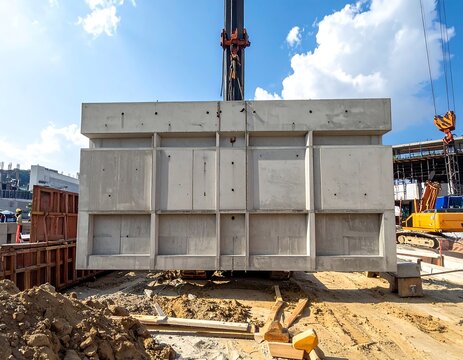 Crane lifting a heavy precast concrete wall panel at a building construction site. Ideal for civil engineering and urban development projects.