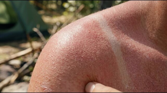 Sunburn on Shoulder with Noticeable Tan Lines from Outdoor Activity Highlighting Skin Damage from Prolonged Sun Exposure