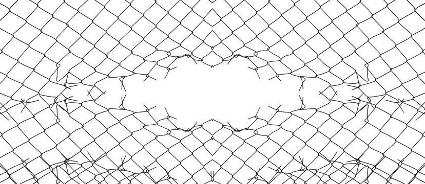  Opening in metallic fence isolated on white sky background Challenge. uncertainty. breakthrough concept. metaphor. Chain-link, wire netting, wire-mesh fence.