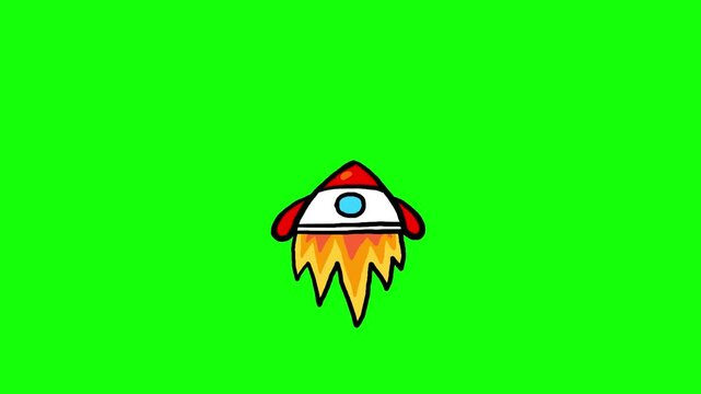 Rocket flying cartoon animation seamless loop greenbox. Dynamic isolated business doodle or  children animation style. Good for any space project. 