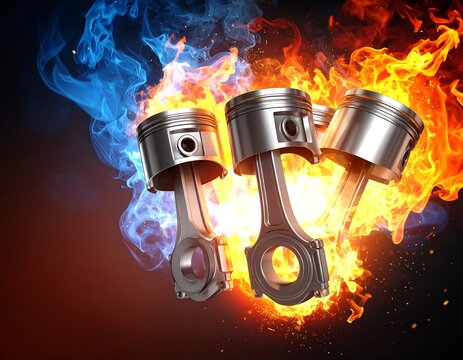 Glowing metallic engine pistons and connecting rods surrounded by dynamic blue and orange flames. Perfect for automotive engineering and high-performance concepts.