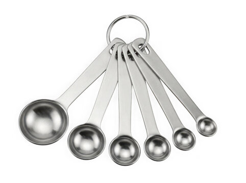 set of stainless steel kitchen measuring spoons on ring isolated on transparent background