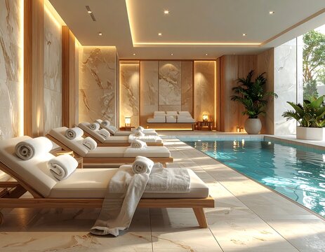 Luxurious indoor spa area with multiple comfortable loungers beside an indoor swimming pool. Ideal for hospitality, wellness, and luxury travel marketing concepts.