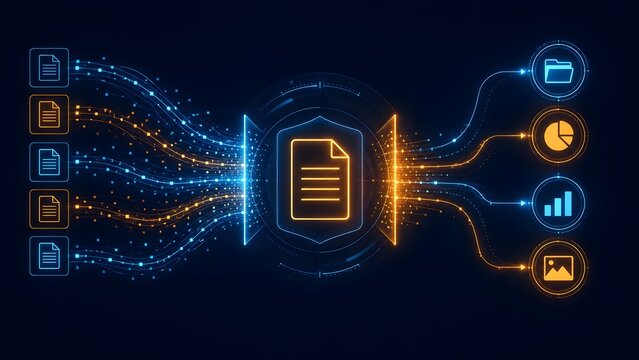Abstract digital document management system showing secure information transfer and data classification through glowing neon fiber optic streams