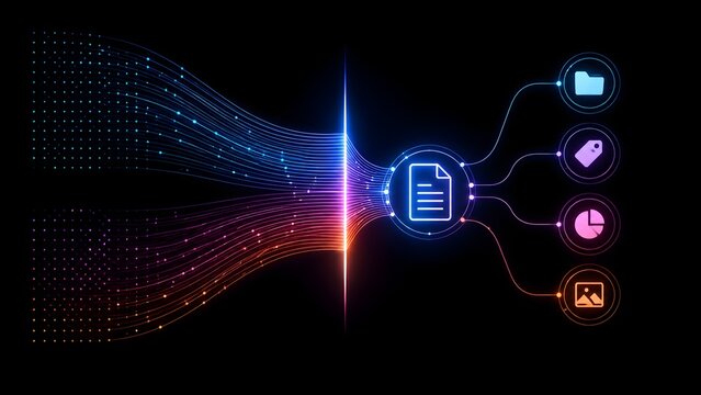 Glowing digital data streams converging into a central document node illustrating information processing and file organization technology