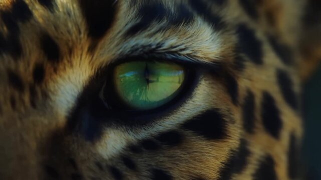 Leopard Eye Staring in Extreme CloseUp Amid Spotted Fur and Dark Background