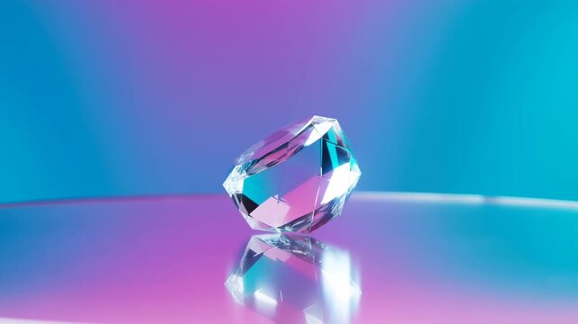 Faceted crystal gemstone resting on reflective surface with colorful gradient light