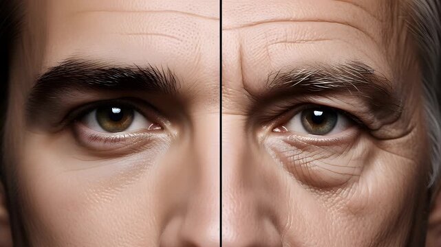 Close up portrait of human eyes comparing the smooth skin of a young man with the wrinkled texture and aging facial features of an elderly person side by side.
